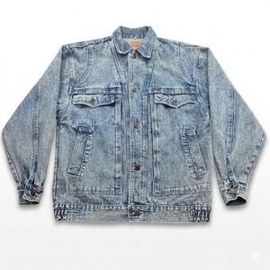 Vintage 80s Acid Wash Denim Trucker Jacket Mens Medium M Oversized Mei Ho Horse